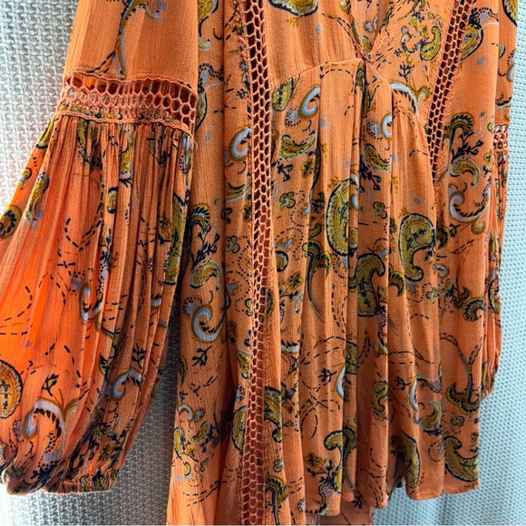 Free People Orange Just The Two Of Us Paisley Printed Tunic Dress Boho Fairy Med - Picture 5 of 9